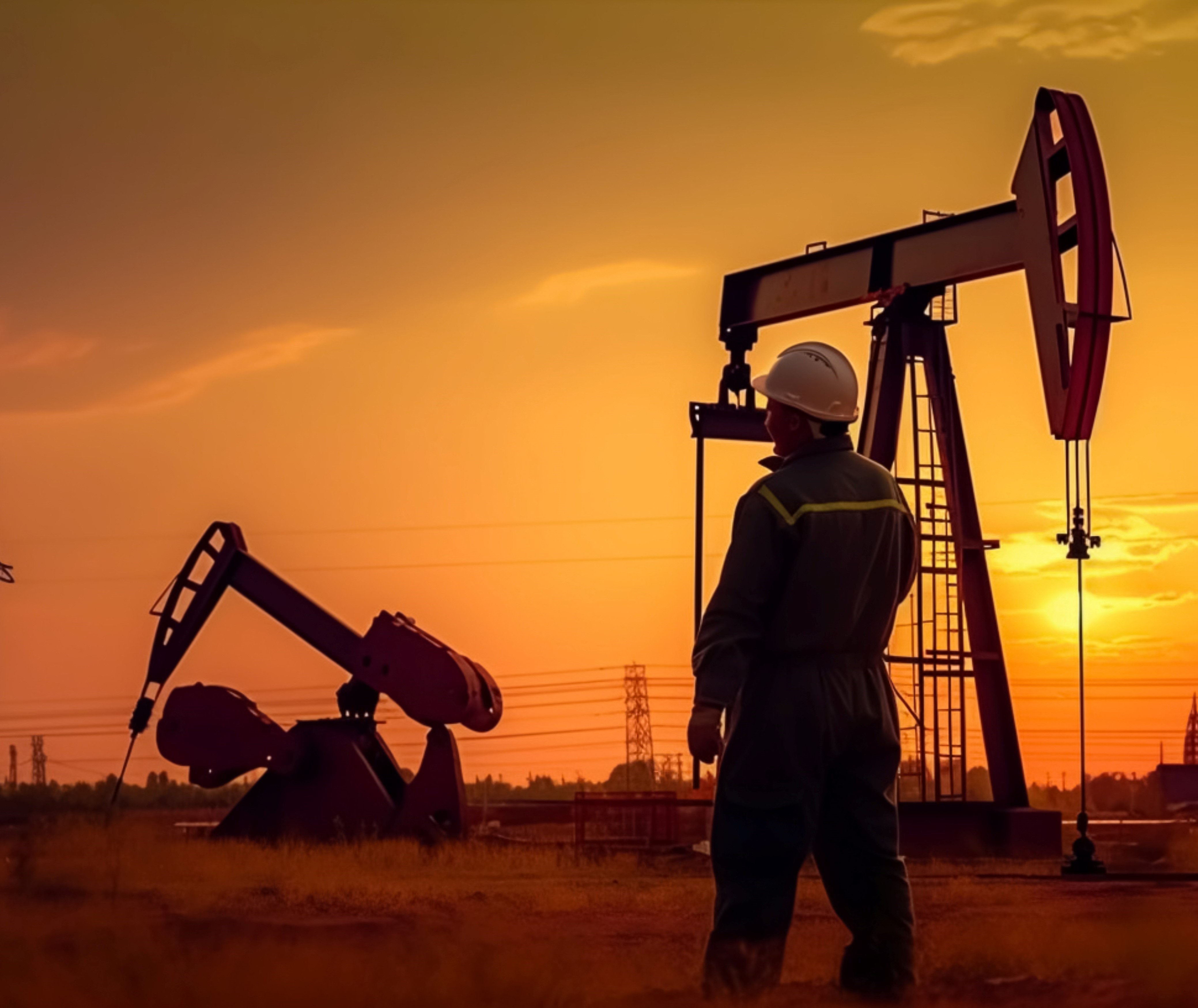 man standing infront of oil rigs